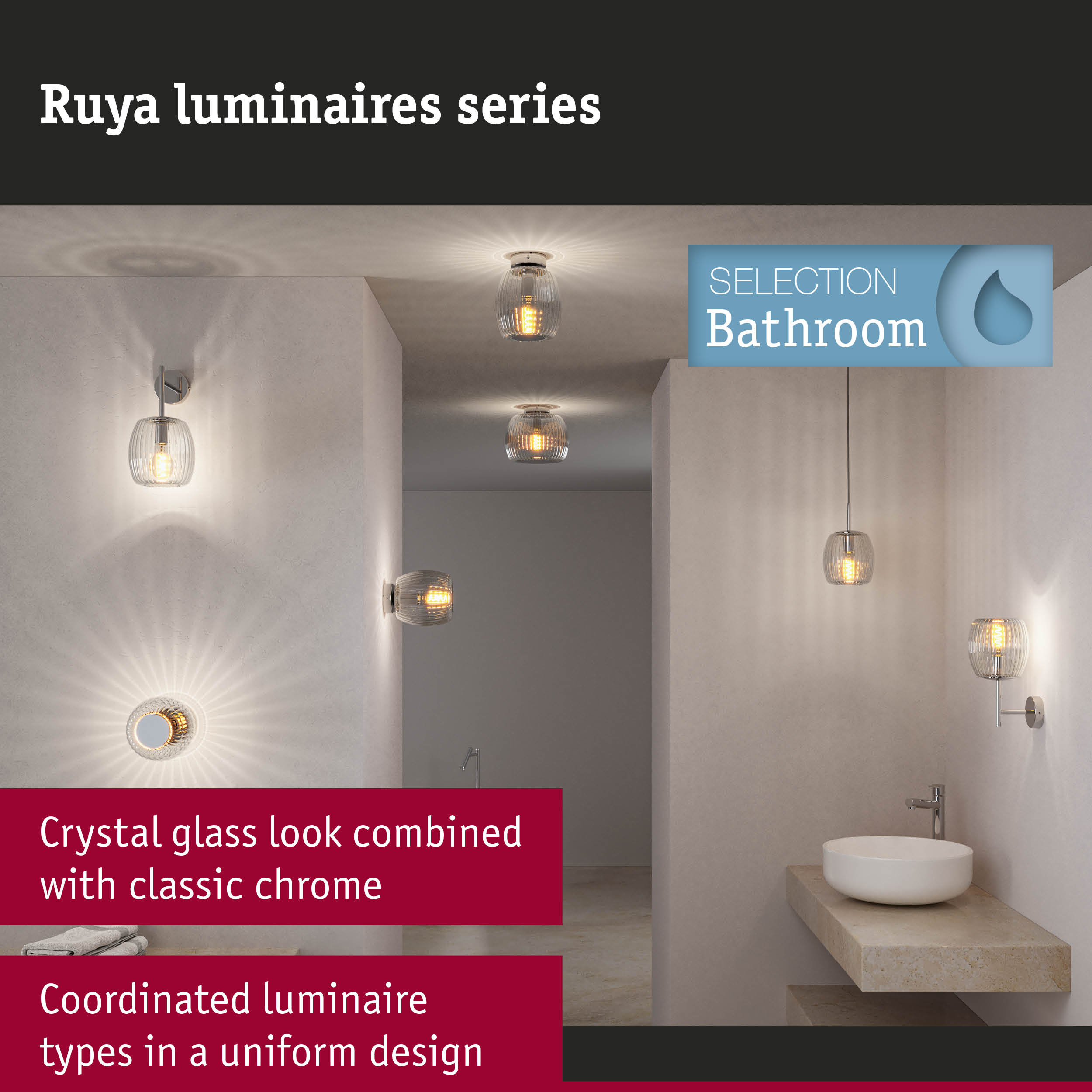 Ruya bathroom lights with crystal glass and chrome finish in uniform design for elegant bathroom lighting