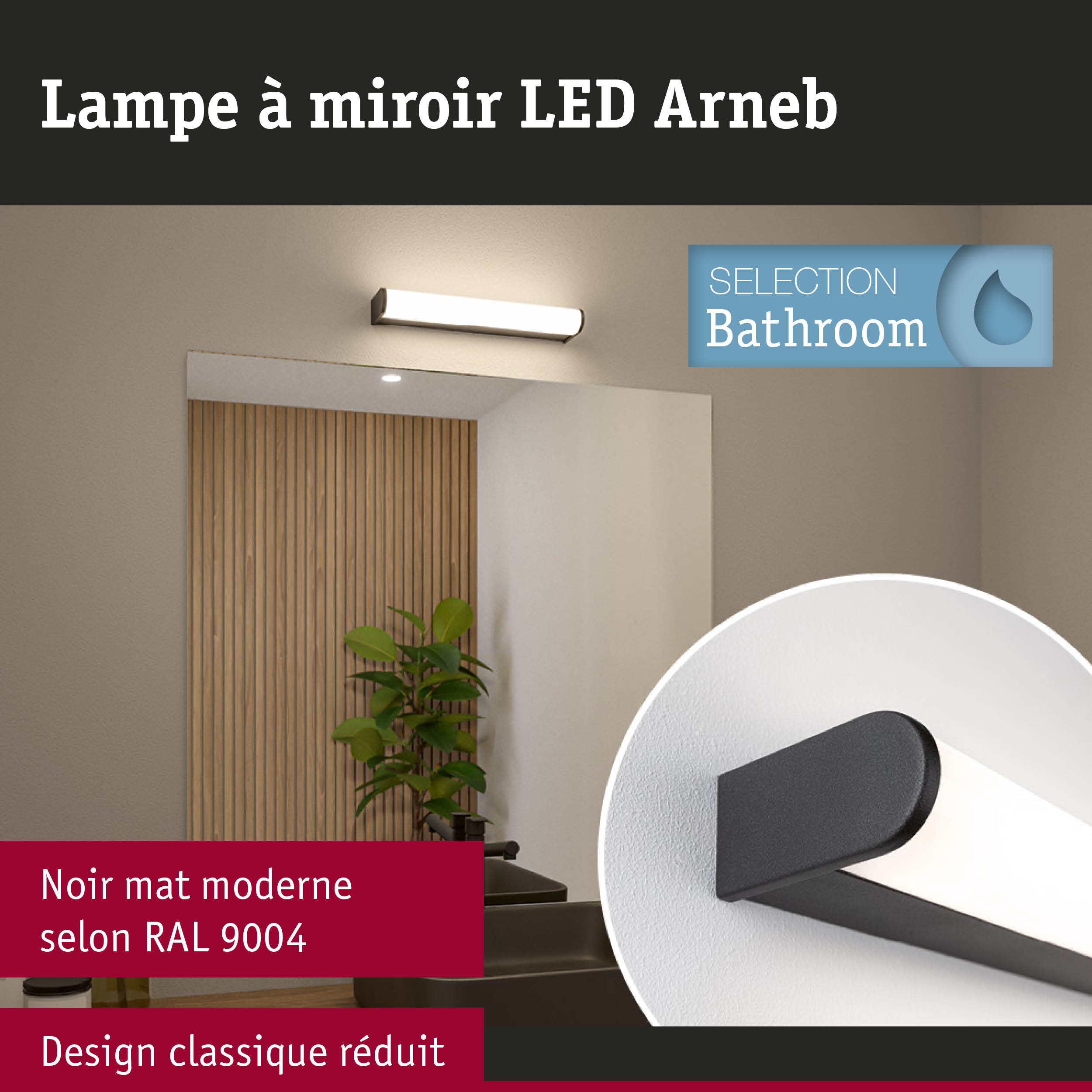 Lampe miroir LED Arneb noire mate moderne pour salle de bain au design classique épuré