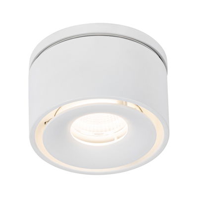 Round white metal LED ceiling light with warm white illumination for modern interiors