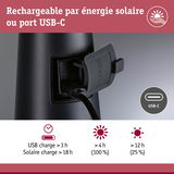 Gros plan d’un appareil noir avec port de charge USB-C et informations sur la charge solaire et USB
