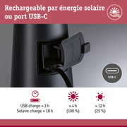 Chargeur noir avec port USB-C, rechargeable par énergie solaire ou USB-C, détails sur la charge et l'autonomie de la batterie