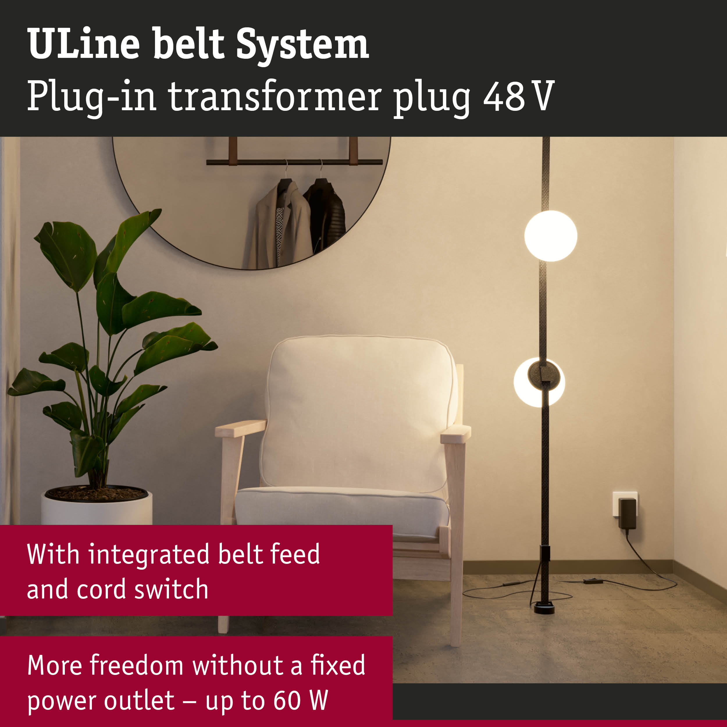 Standing LED lamp with black metal frame and two white globe lights in modern living room