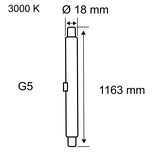Schéma technique d’un tube LED G5 avec température de couleur 3000K, diamètre 18 mm, longueur 1163 mm