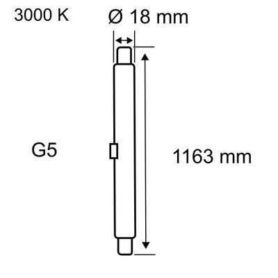 Technische tekening van G5 LED-buislamp met 3000K kleurtemperatuur, 18 mm diameter, 1163 mm lengte