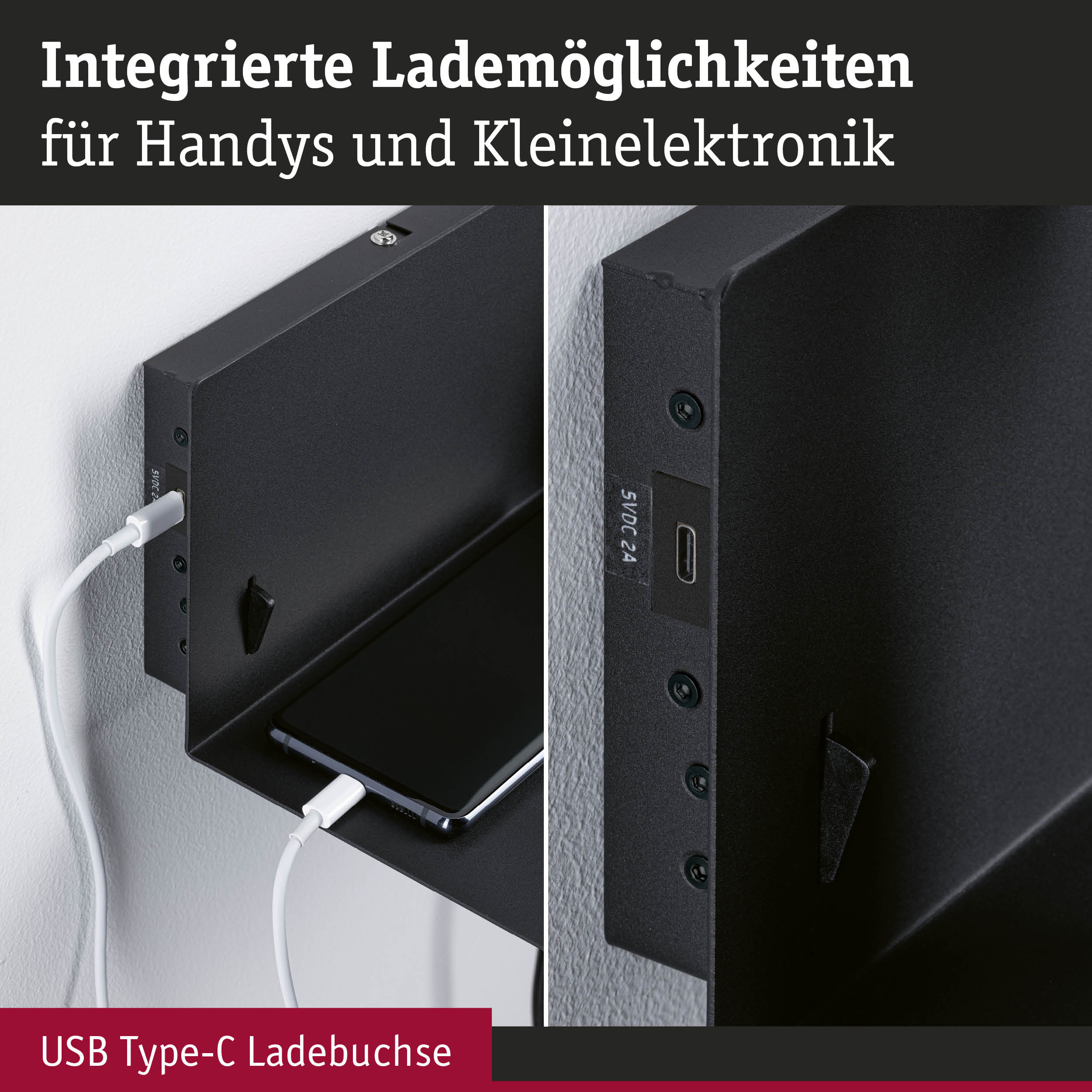 Schwarze Wandhalterung mit integriertem USB Type-C Ladeanschluss für Handys und Kleingeräte