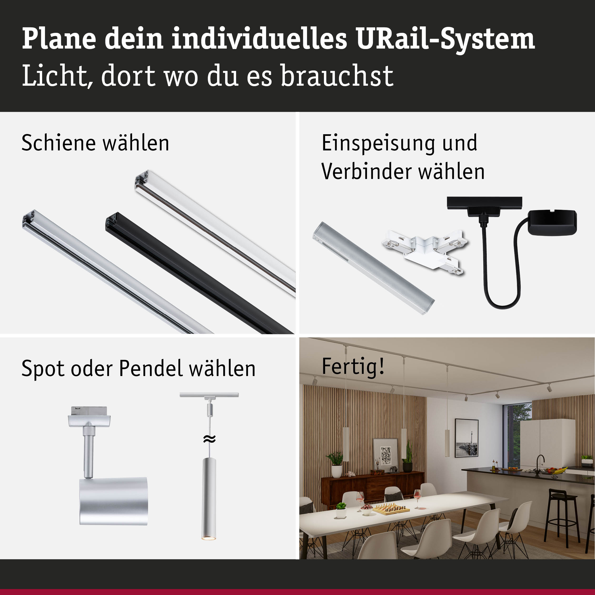 Modulares URail-Schienensystem in Schwarz und Weiß mit Spots und Pendelleuchten für flexible Raumbeleuchtung