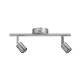 Modern ceiling spotlight in brushed stainless steel with two adjustable heads for focused lighting