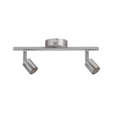 Modern ceiling spotlight in brushed stainless steel with two adjustable heads for focused lighting