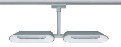 Modern ceiling spotlight in silver metal with two elongated white lights for living spaces
