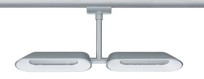 Moderne loftspot i sølvmetal med to aflange hvide lamper til opholdsrum