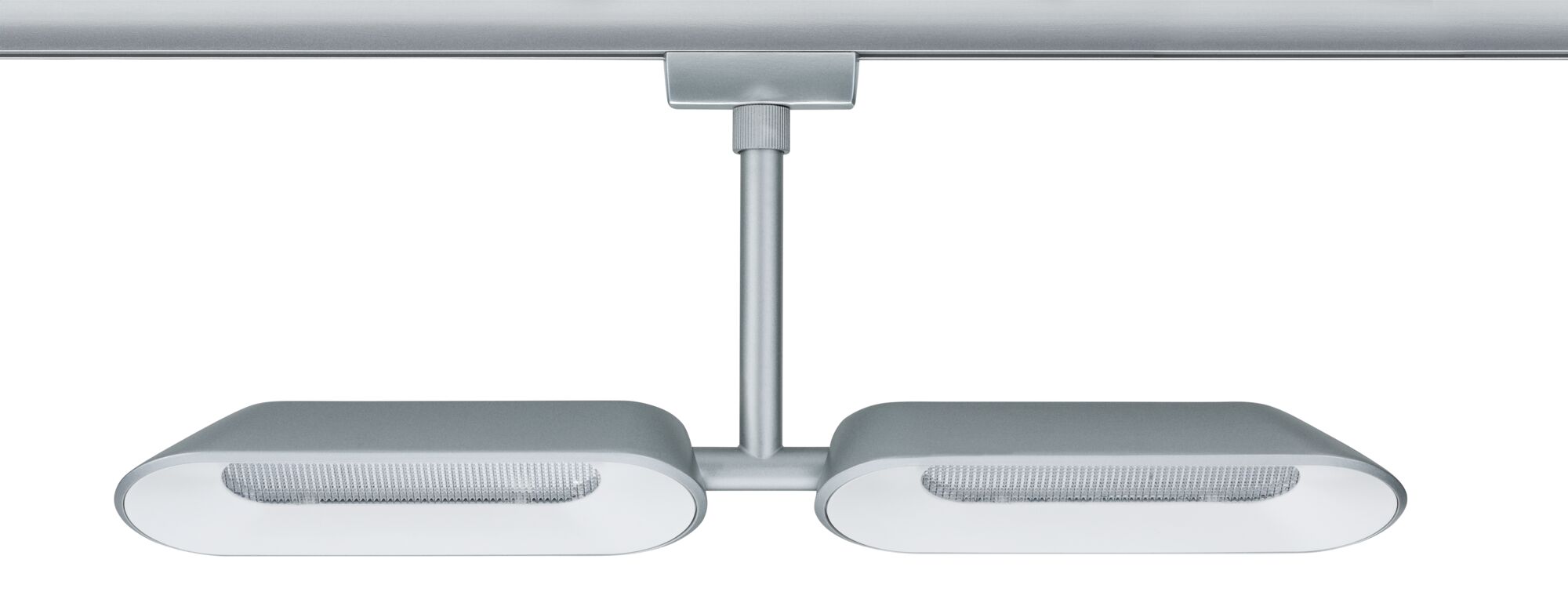 Modern silver metal LED ceiling light with two oval lamps for living spaces