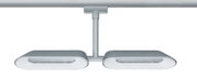 Modern silver metal LED ceiling light with two oval lamps for living spaces
