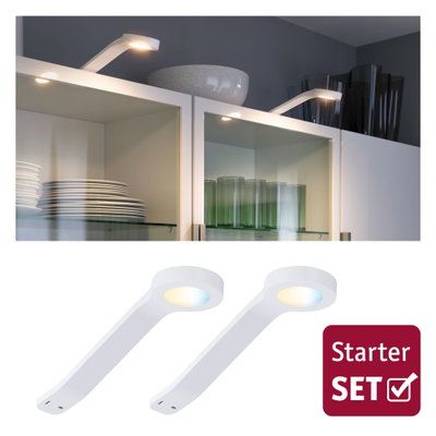 Weißes LED-Unterbauleuchten-Set für Küchenmöbel mit warmweißem Licht, energiesparende Beleuchtung.