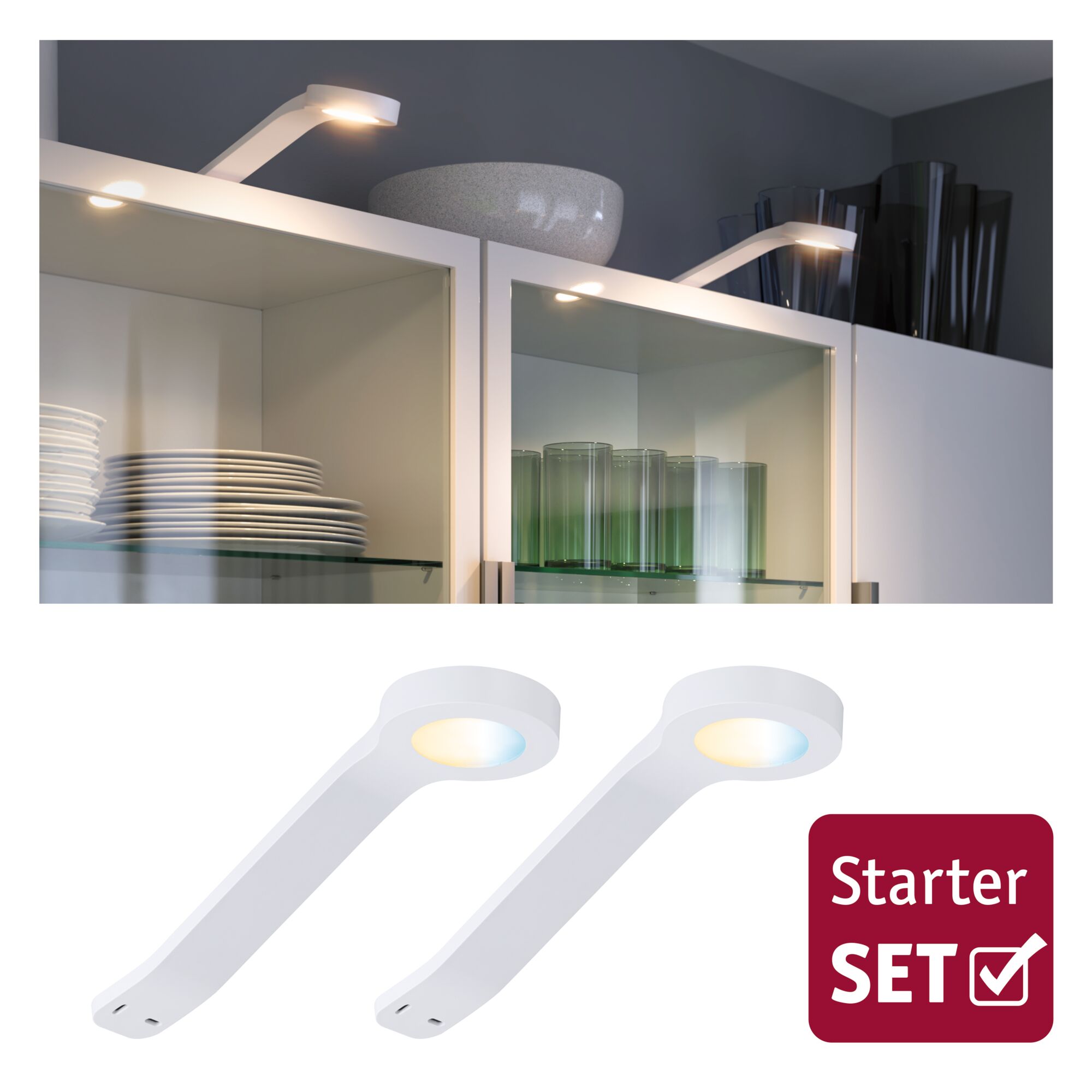 Clever Connect LED Spot Mike Tunable White 2x2,5W 12VA Matt white White LED under-cabinet light set for kitchen furniture with warm white light, energy-saving lighting.