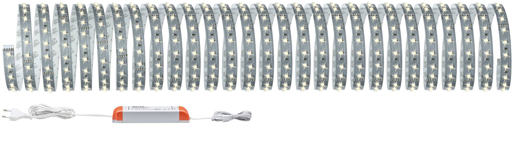 Bande LED flexible avec lumières blanc chaud et alimentation, idéale pour éclairage décoratif.