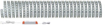 Flexible LED strip with warm white lights and power supply, perfect for decorative lighting use.