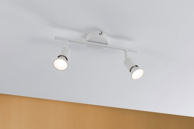 Moderner weißer Deckenstrahler aus Metall mit zwei verstellbaren LED-Leuchten für Wohnräume.