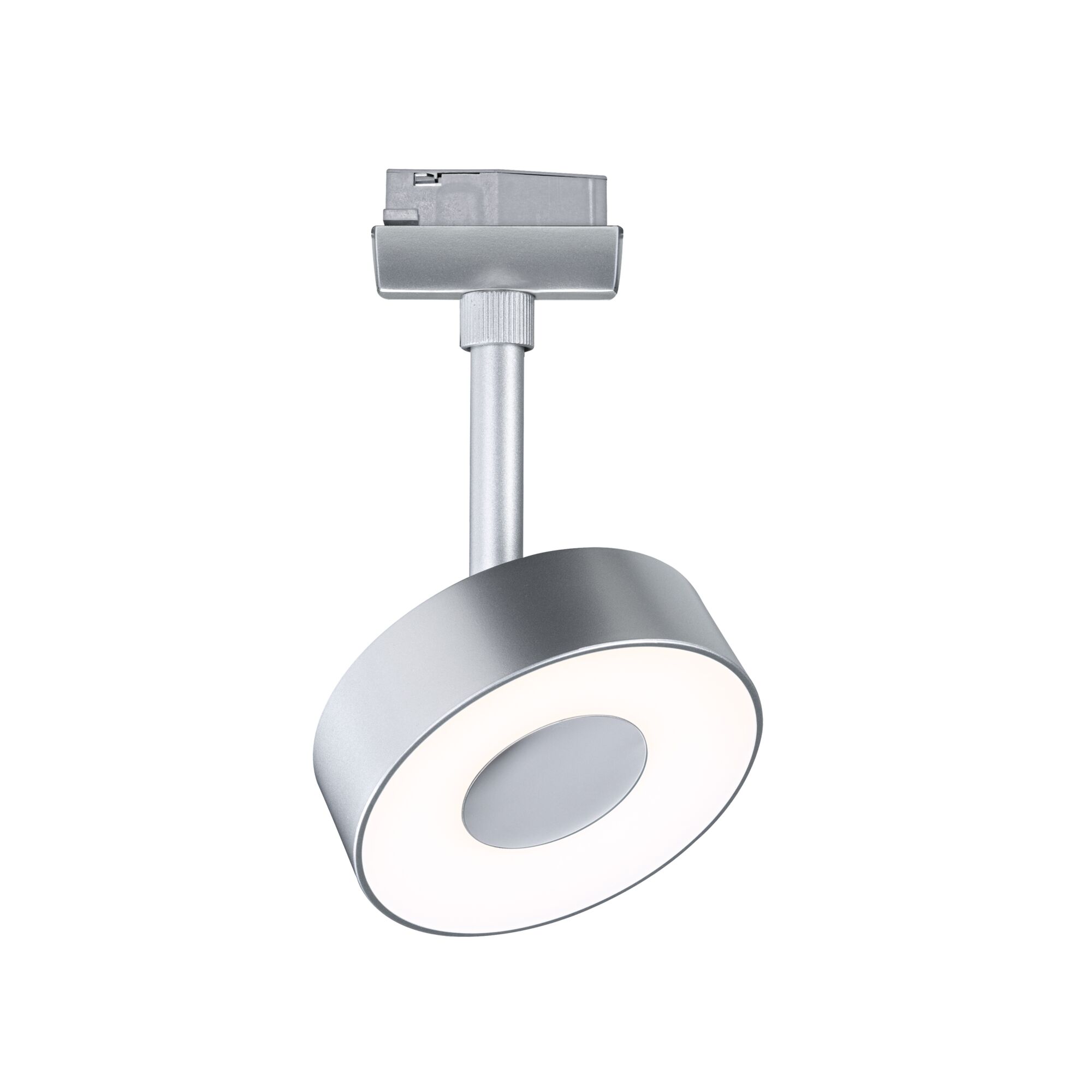 Runder LED-Spot in Silber aus Metall mit weißem Leuchtring für moderne Schienensysteme.