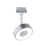 Runder LED-Spot in Silber aus Metall mit weißem Leuchtring für moderne Schienensysteme.