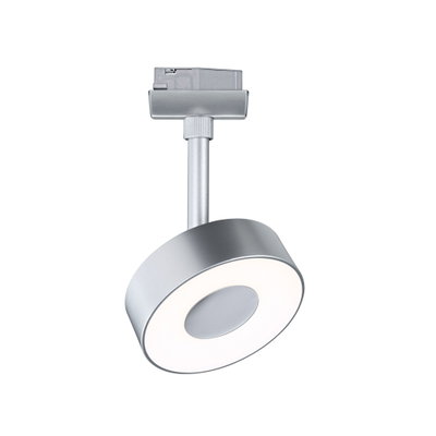 Runder LED-Spot in Silber aus Metall mit weißem Leuchtring für moderne Schienensysteme.