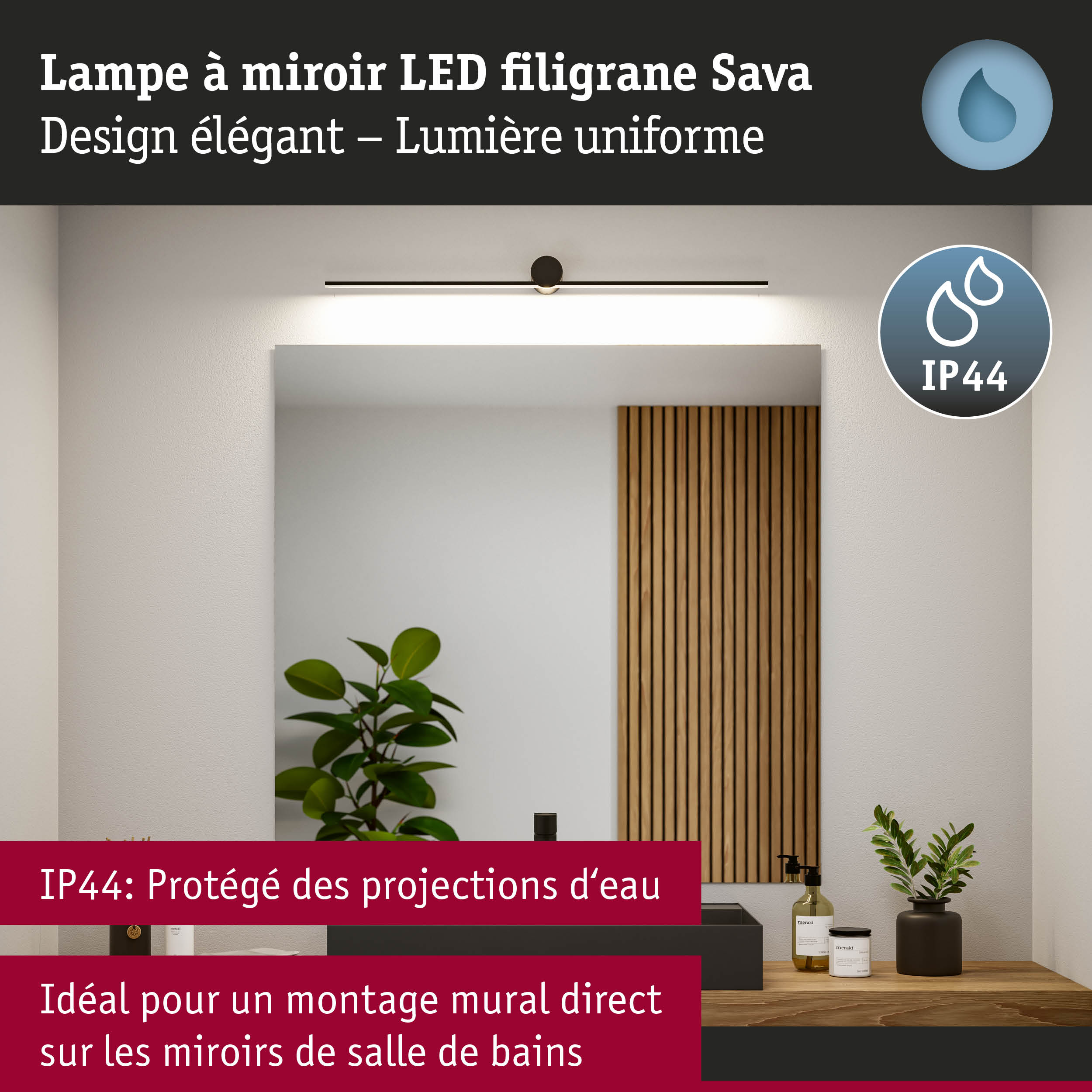 Lampe à miroir LED filigrane Sava noire avec protection IP44, idéale pour salle de bains