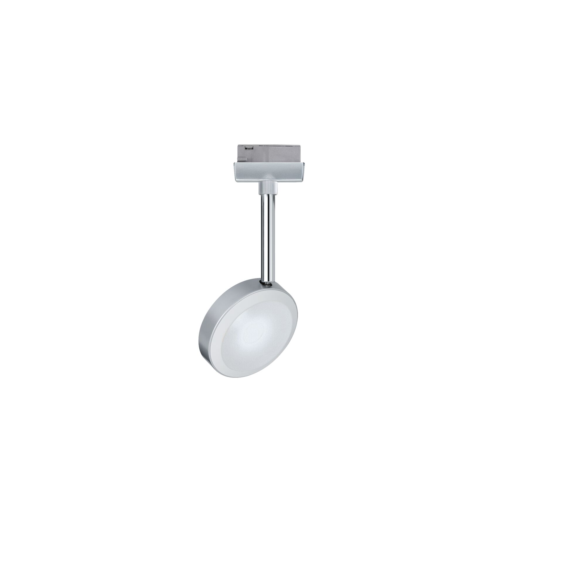 Round silver LED track light with white diffuser made of metal and plastic for modern lighting