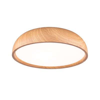 Ronde plafondlamp met natuurlijke houten rand en witte diffuser voor sfeerverlichting
