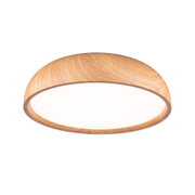 Round ceiling light with natural wood frame and white diffuser for ambient room lighting