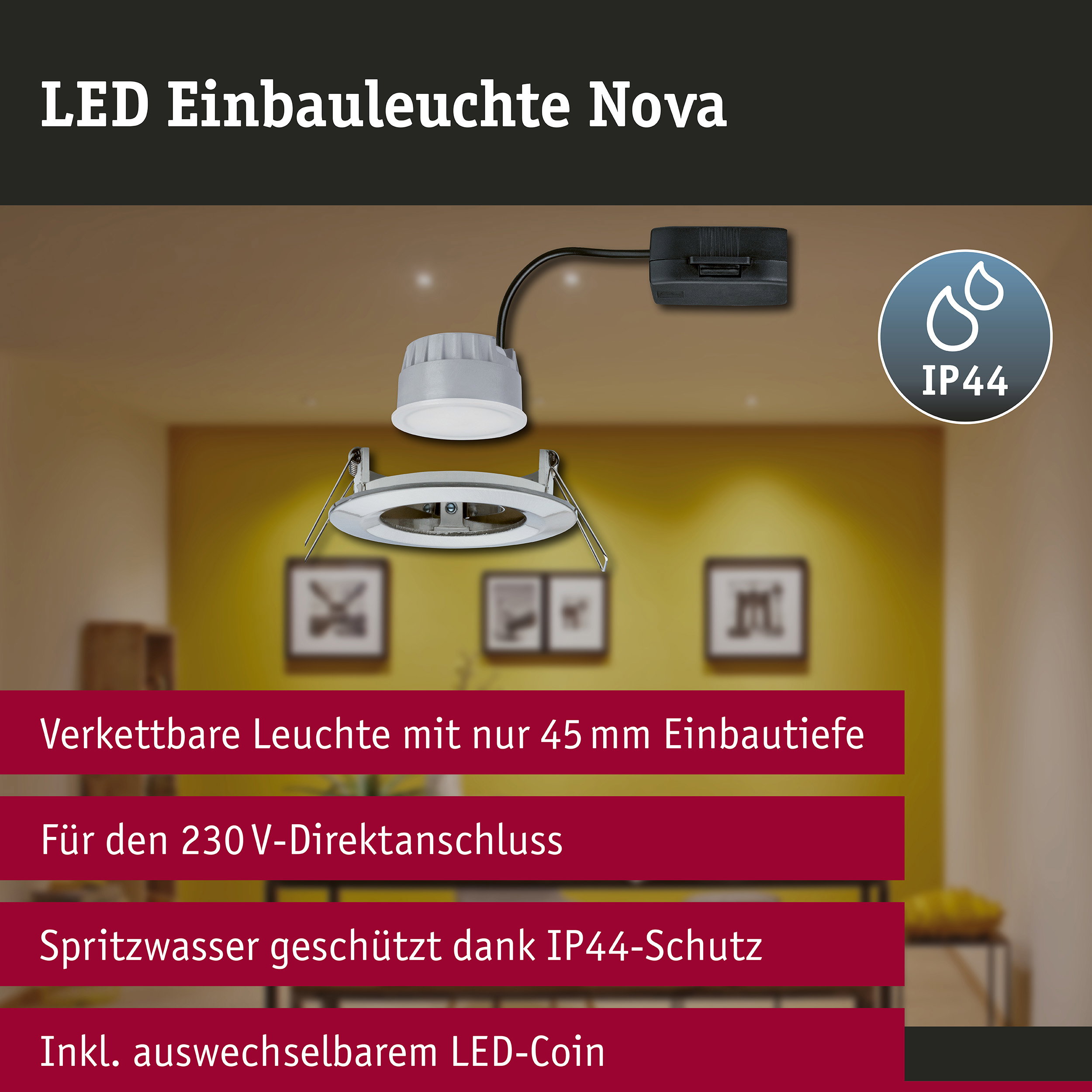 LED Einbauleuchte 3-Step-Dim Nova Coin starr IP44 rund 78mm Coin 6W 470lm 230V dimmbar 2700K Eisen gebürstet
