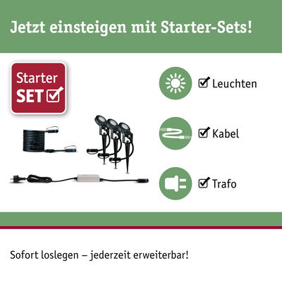 Starter-Set mit schwarzen LED-Leuchten, Kabel und Trafo für einfache Gartenbeleuchtung Erweiterung