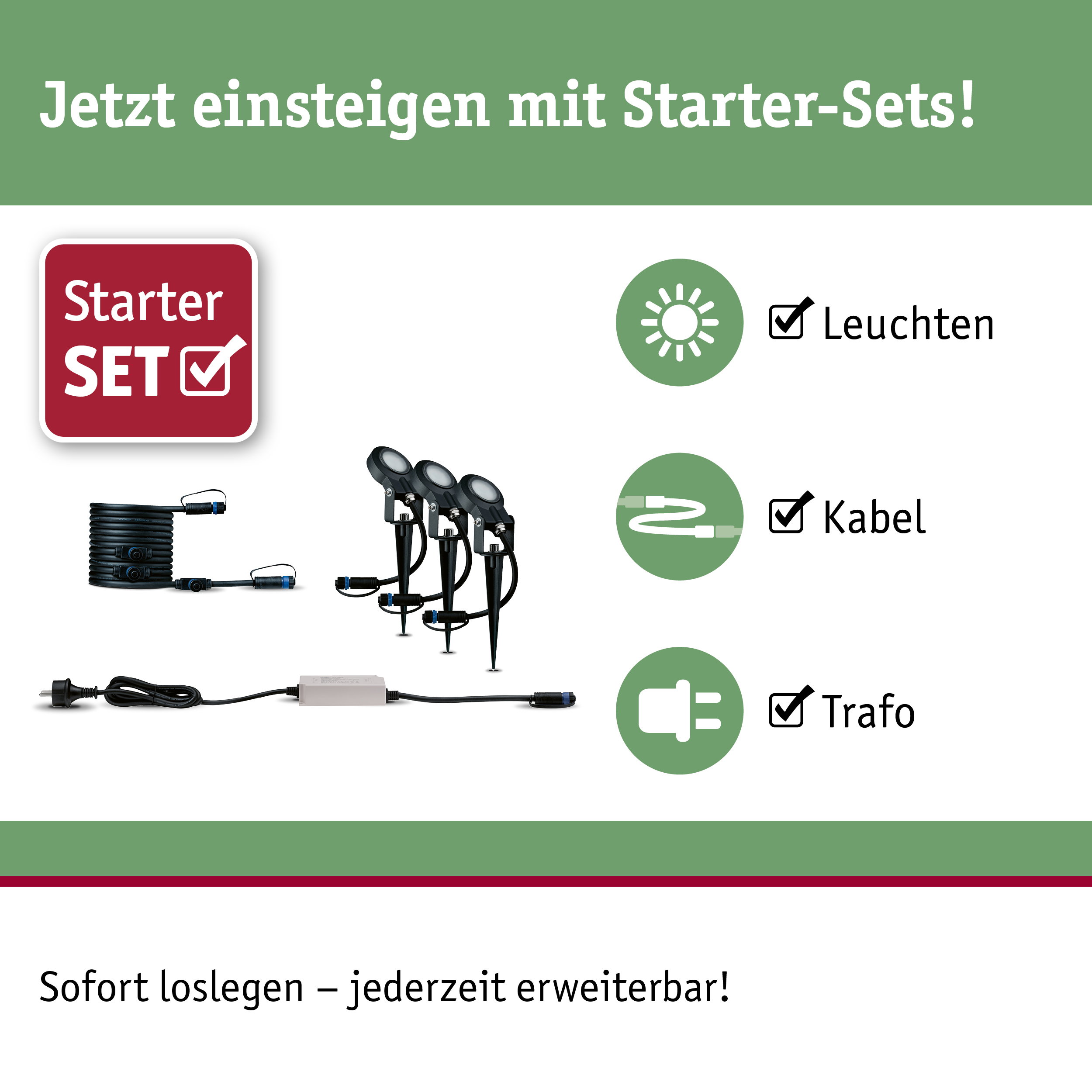 Starter-Set mit schwarzen LED-Leuchten, Kabel und Trafo für einfache Gartenbeleuchtung
