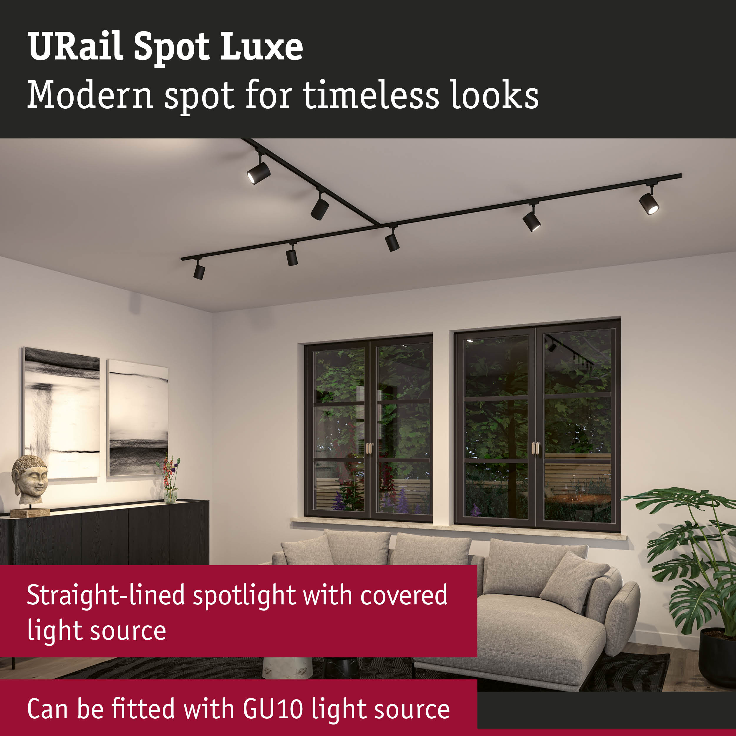 Black URail Spot Luxe LED track lighting with straight spotlights for modern interior illumination