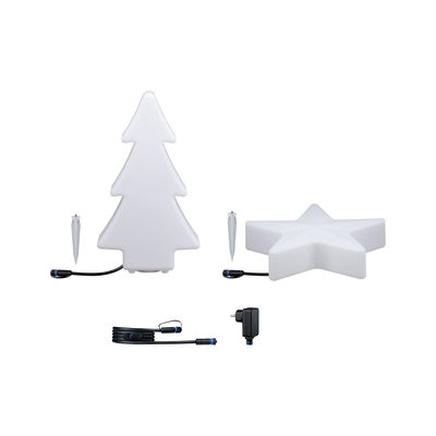 Weiße LED-Dekoleuchten in Tannenbaum- und Sternform mit Kabeln und Steckern für Innen- und Außenbereich