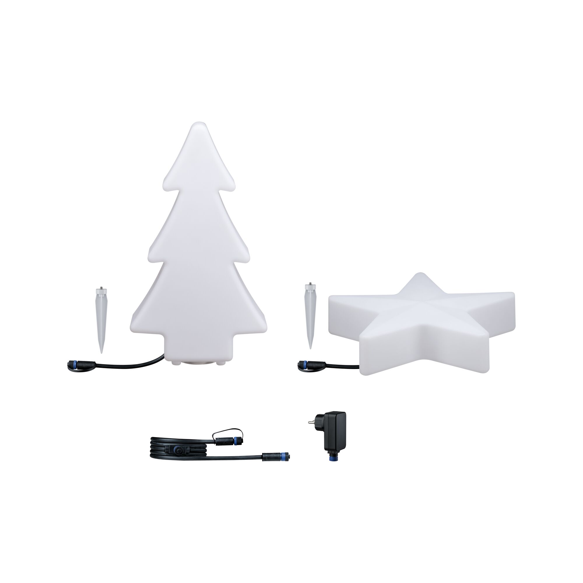 Weiße LED-Dekoleuchten in Tannenbaum- und Sternform mit Kabeln und Steckern für Innen- und Außenbereich