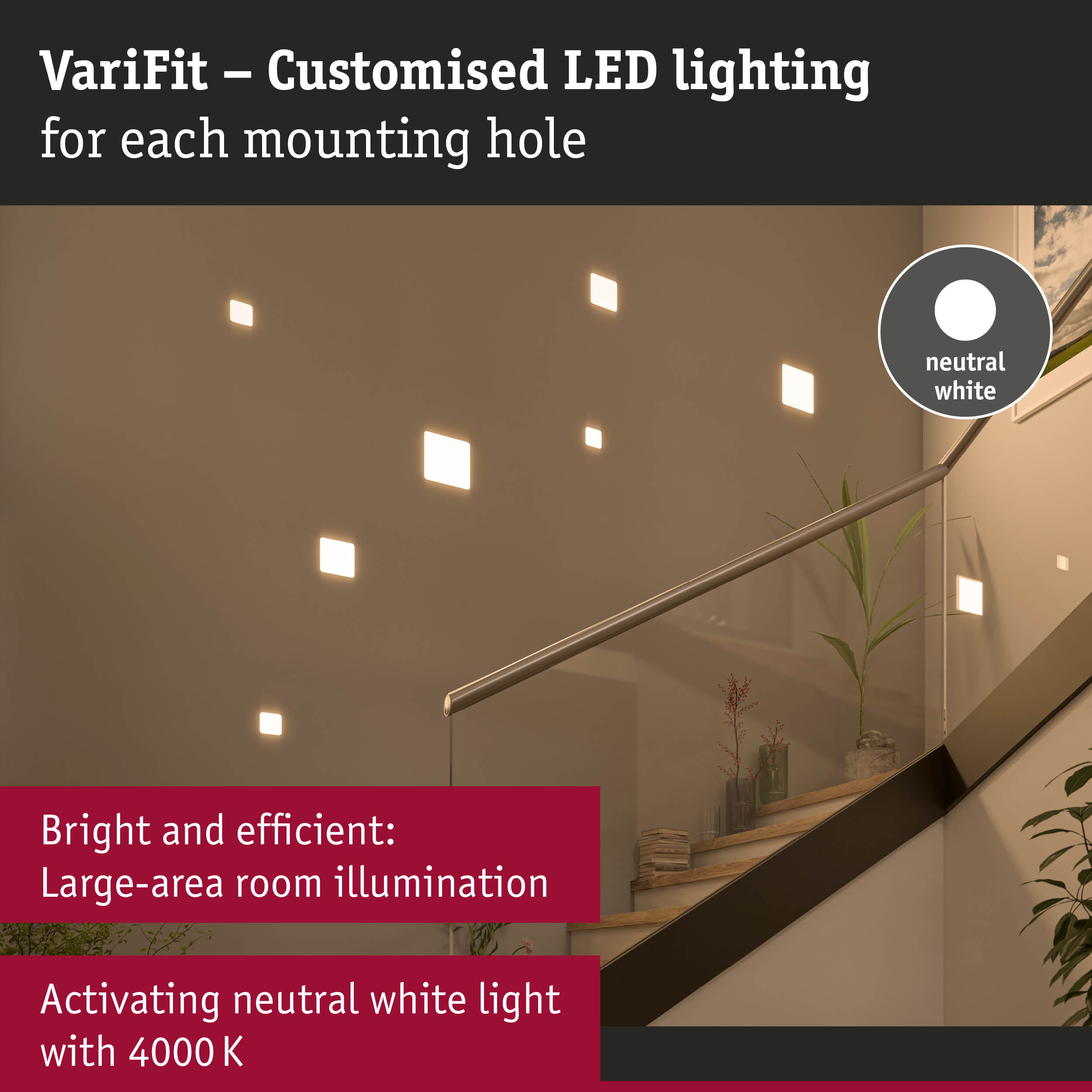 VariFit neutral white LED wall lights with square fixtures illuminating a staircase area