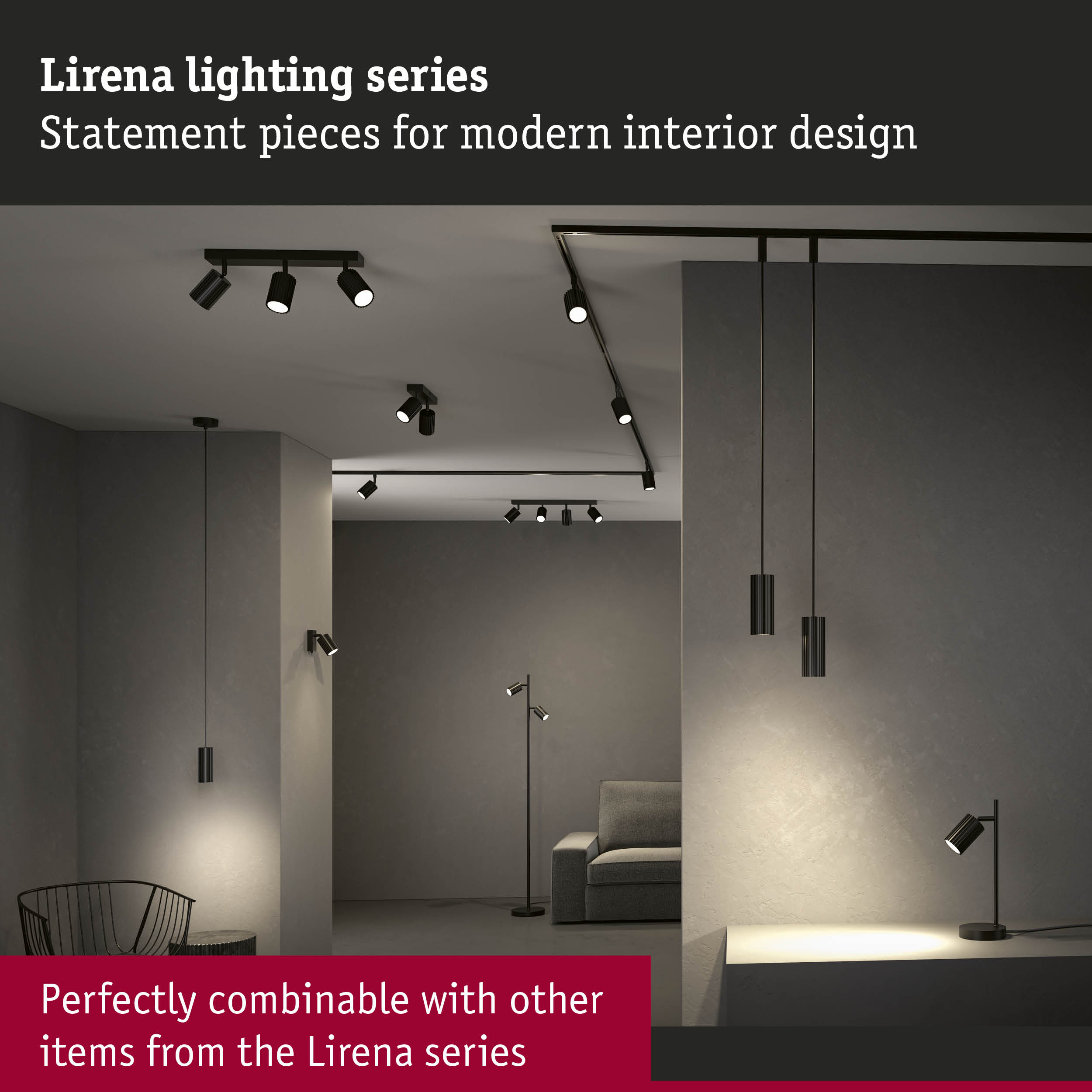 Black Lirena LED ceiling and floor lamps in modern living room with grey walls lighting interior