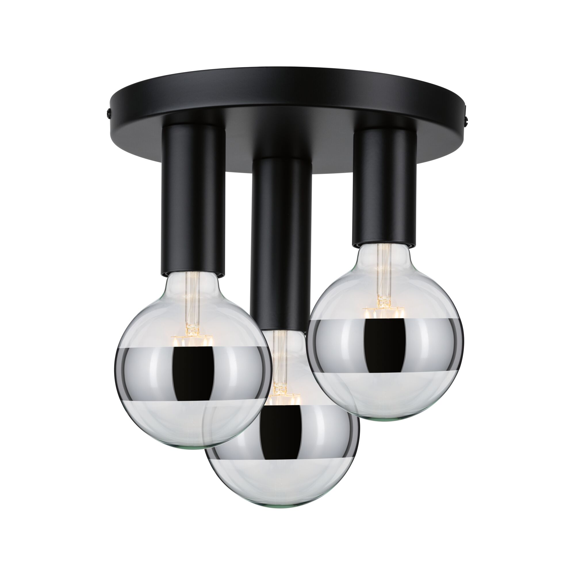 Ceiling light with three round bulbs and black metal holder for modern living spaces