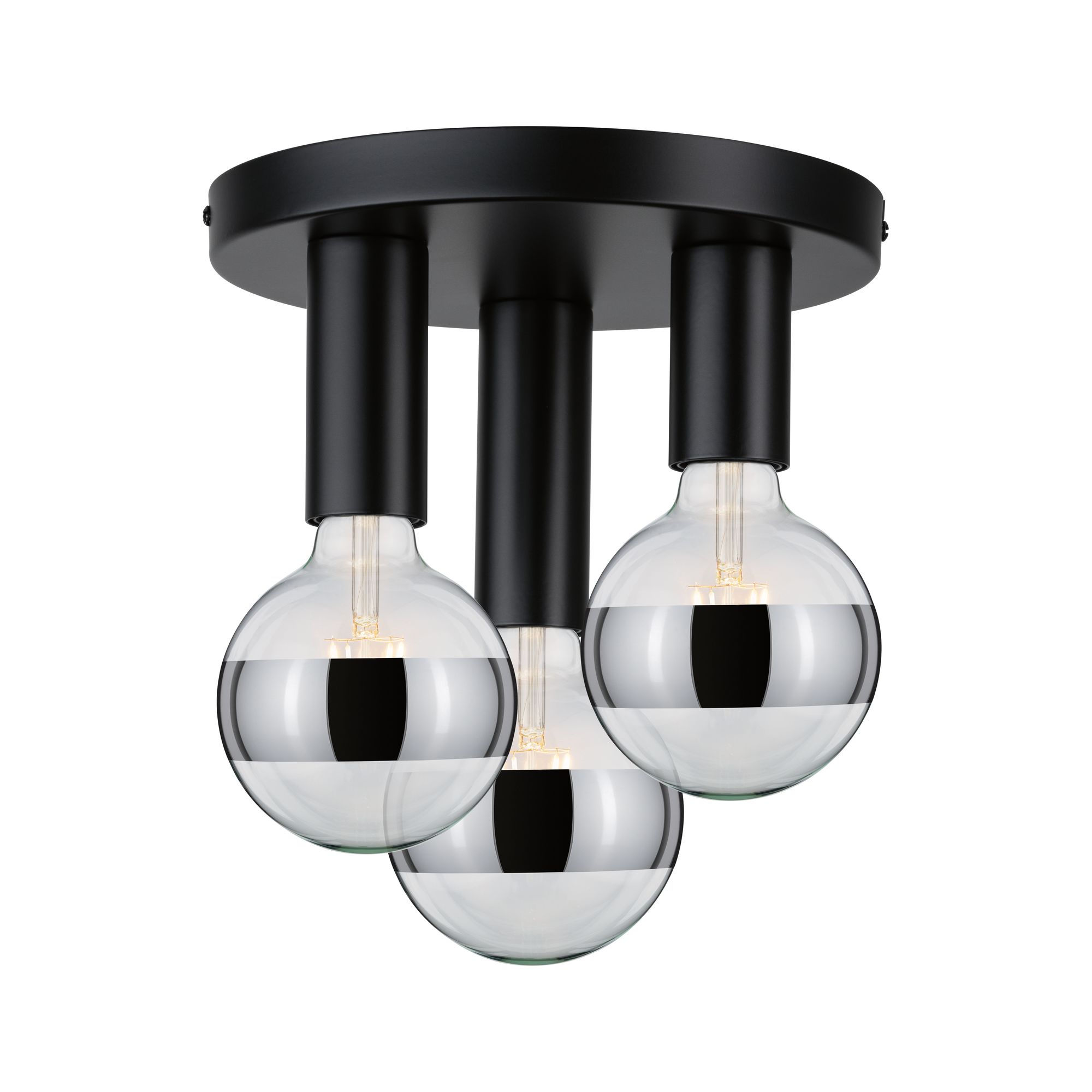 Modern ceiling light with three black metal sockets and clear bulbs for stylish living room lighting