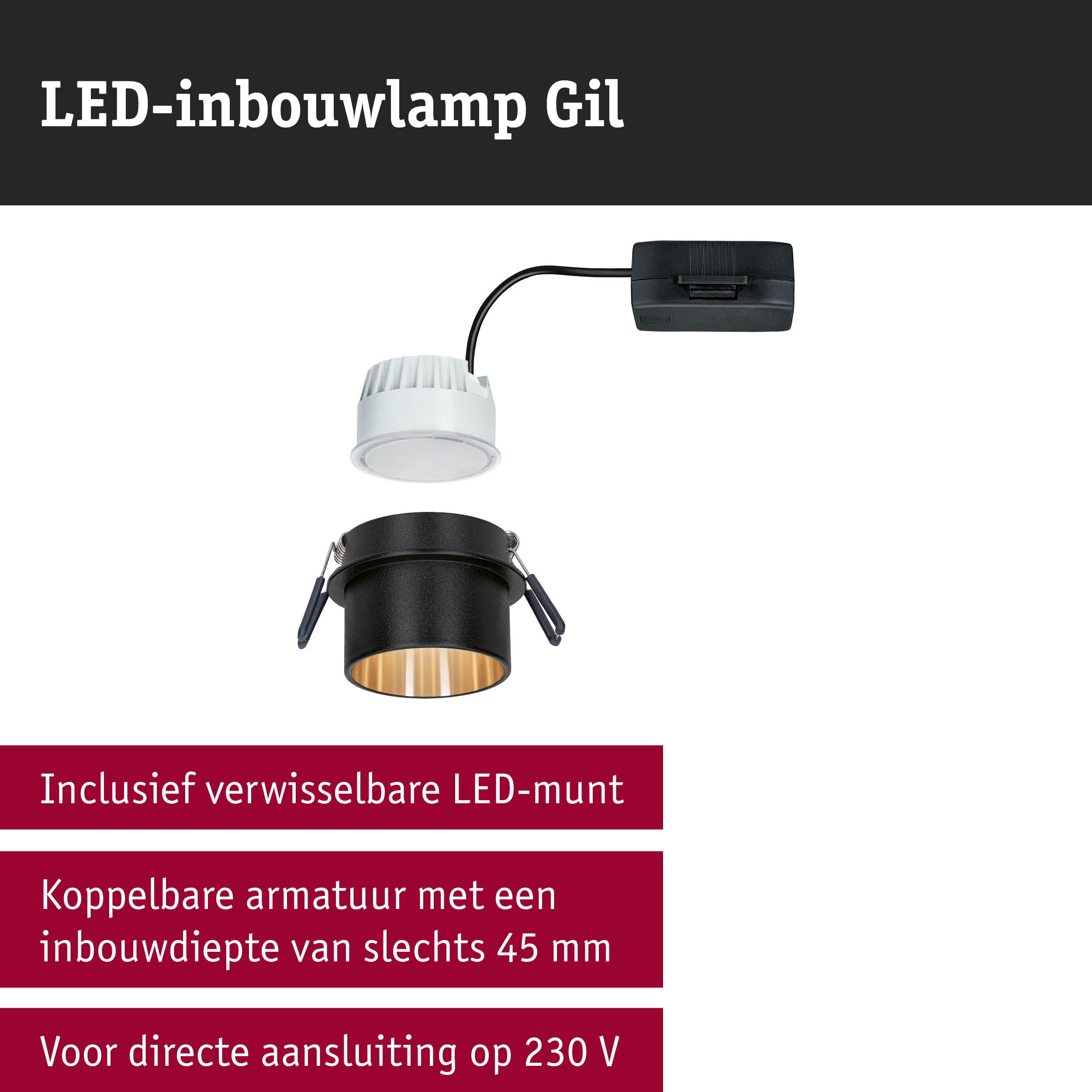 Zwarte LED-inbouwspot Gil met gouden binnenkant en wit LED-module, energiezuinige verlichting