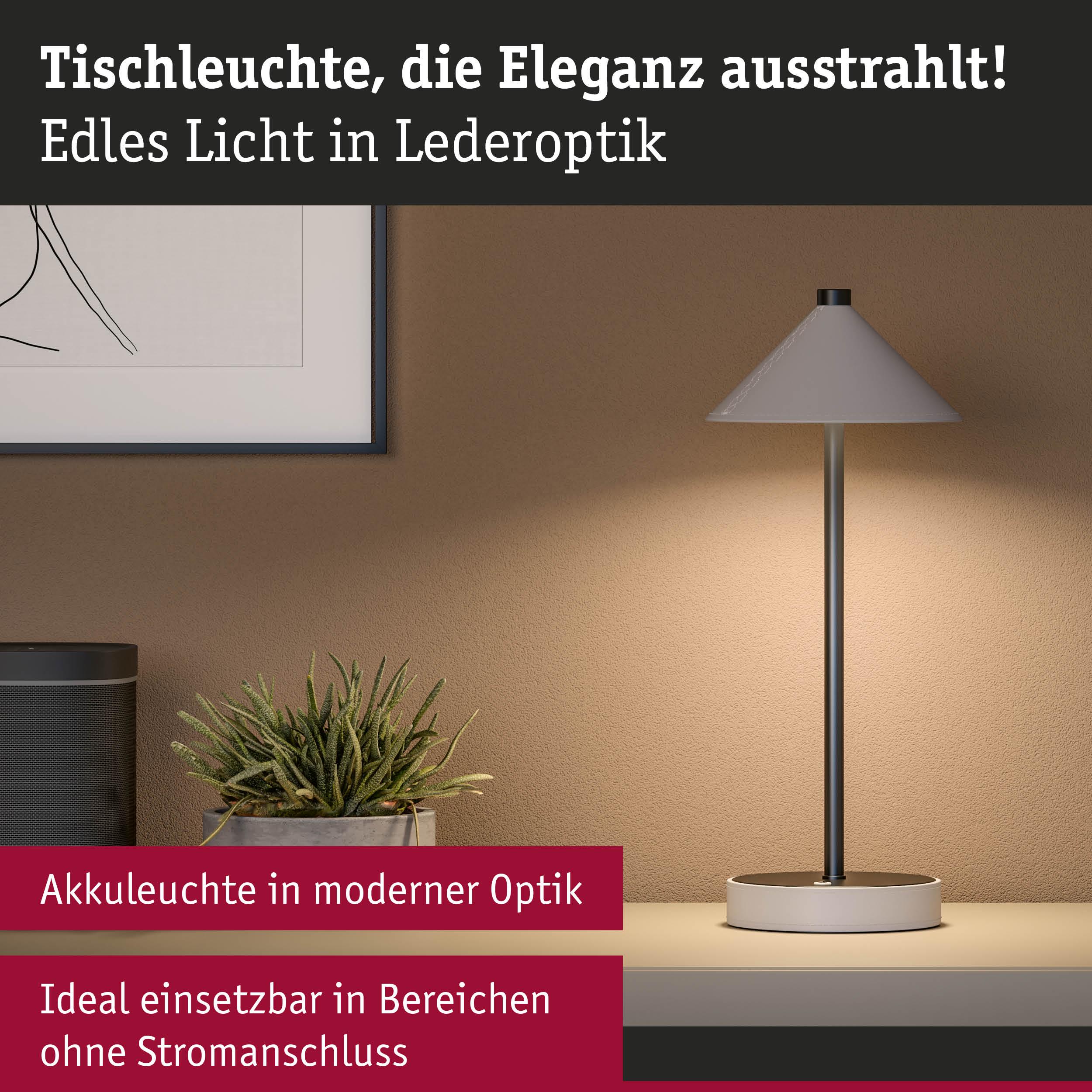 Moderne Akku-Tischleuchte in Lederoptik mit grauem Schirm und schwarzem Stab für stromlose Bereiche