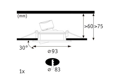Technical drawing of recessed spotlight with 93 mm diameter and 30-degree tilt, dimensions in mm.