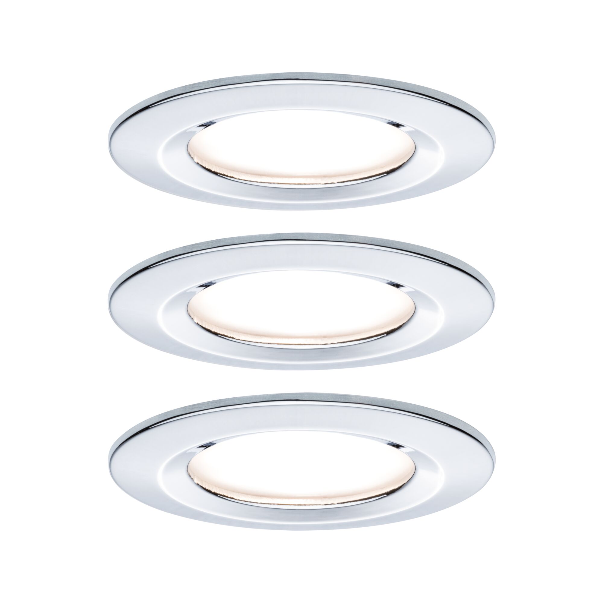 Trois spots encastrés ronds en chrome avec lumière LED blanc chaud pour éclairage intérieur moderne