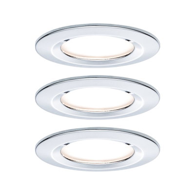 Three round chrome recessed lights with warm white LED for modern interior lighting