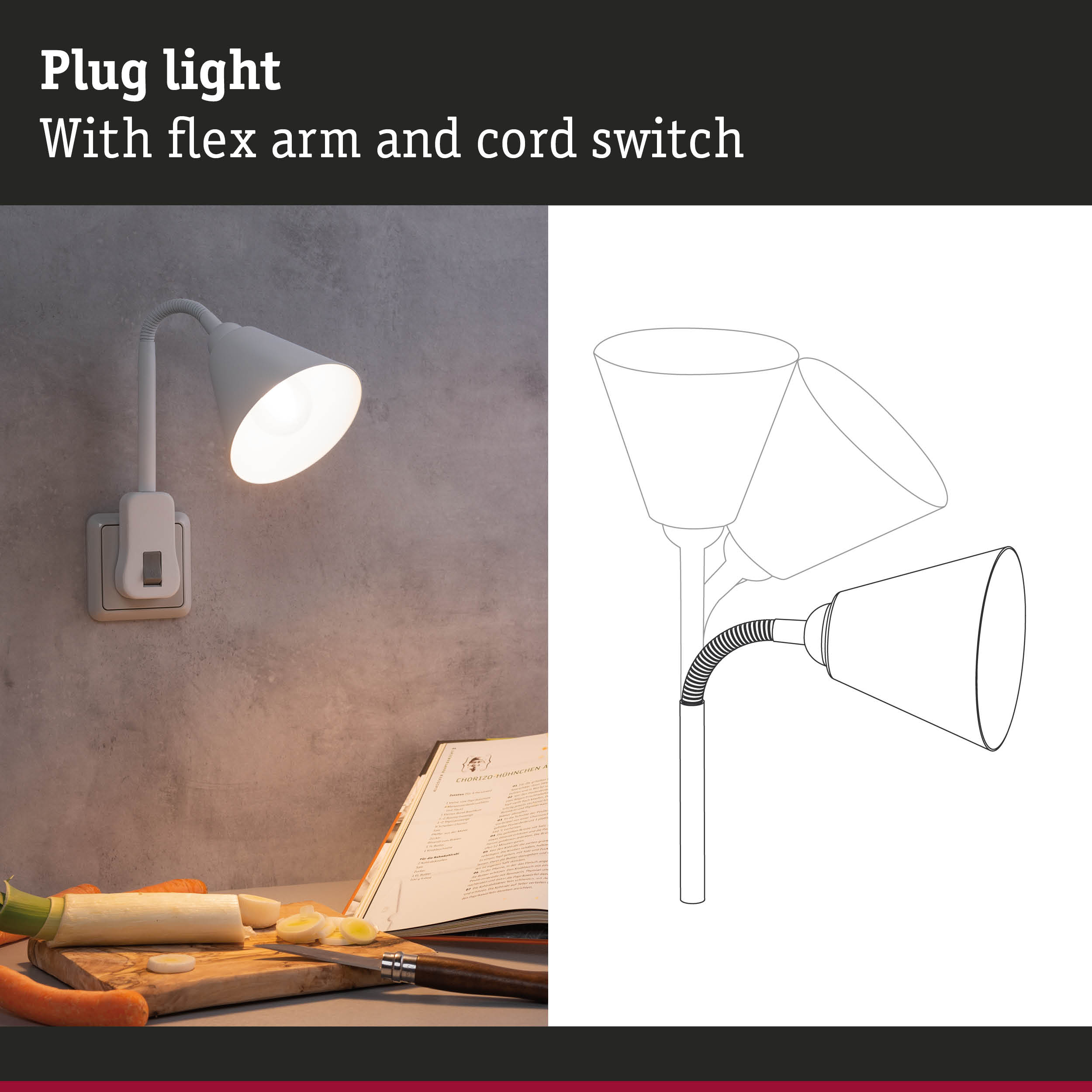 White plug light with flexible arm and cord switch, perfect for kitchen lighting and reading