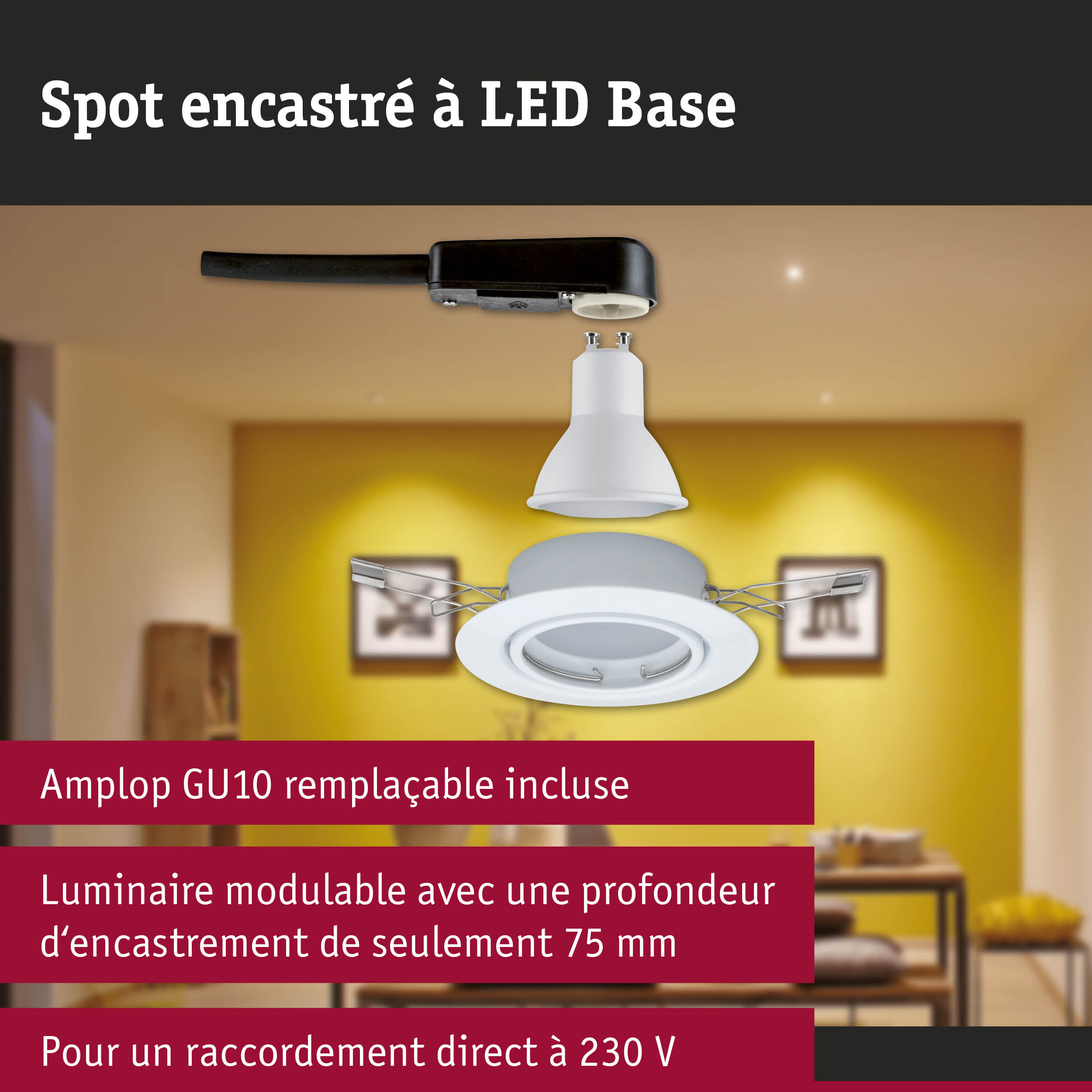 Spot encastré LED blanc avec douille GU10 et câble noir pour raccordement direct 230V