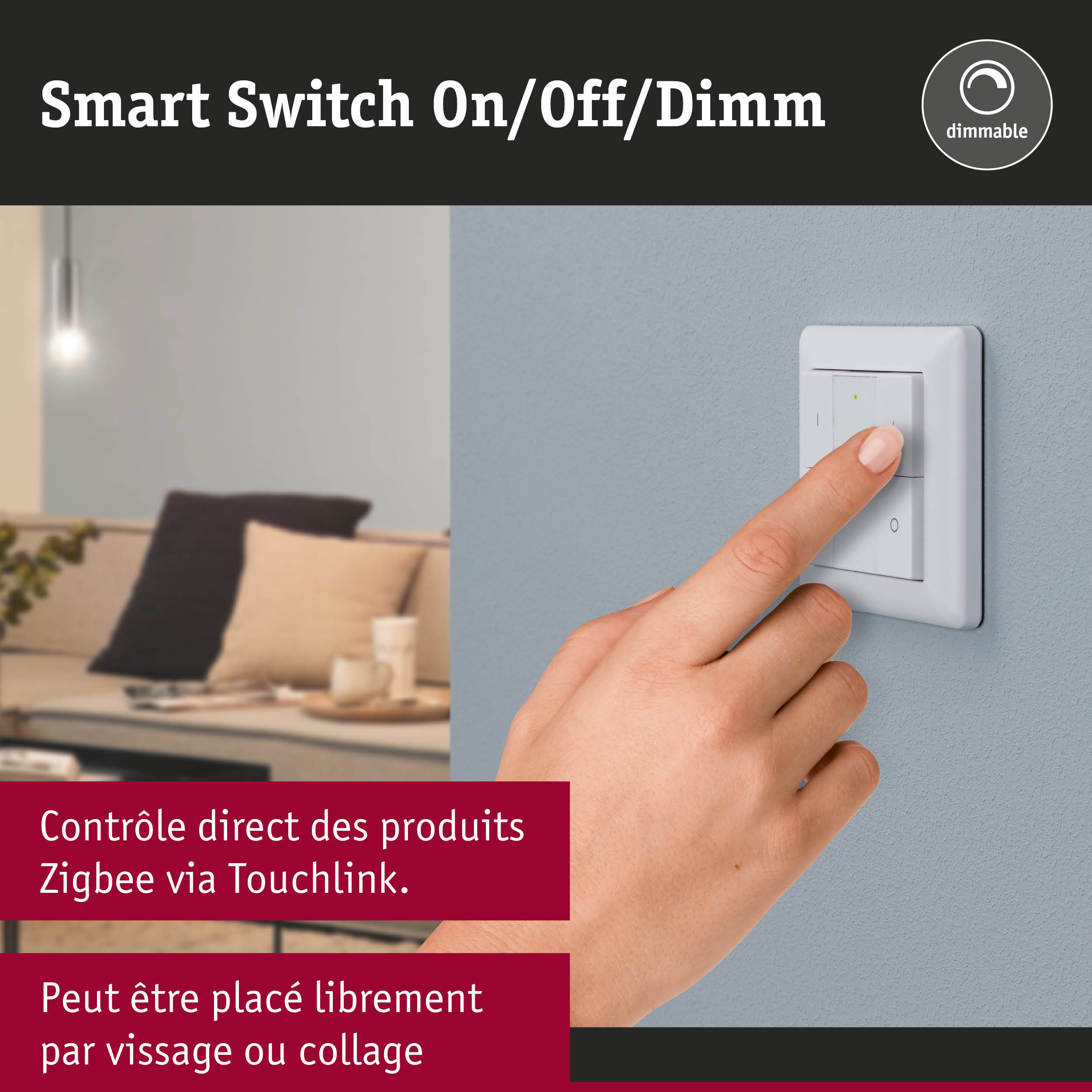 Interrupteur mural intelligent blanc avec fonction dimmable et contrôle Zigbee sur mur gris