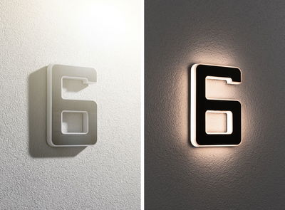 Modern LED wall light shaped as number 6, grey and black, with warm white light for indoor use