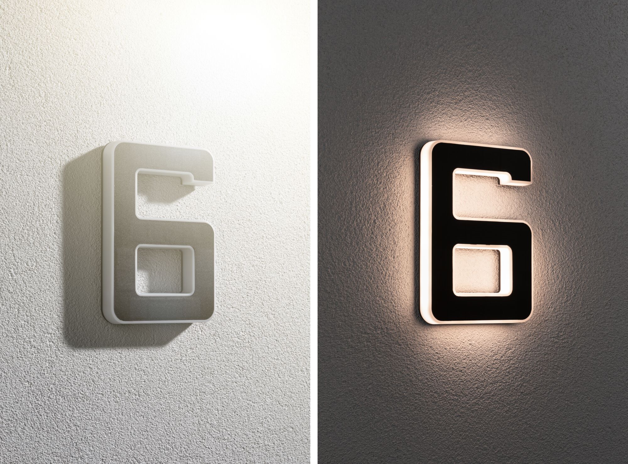 Moderne LED-væglampe formet som tallet 6 i hvid og sort med varmt indendørs lys