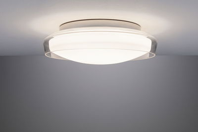 Round ceiling light with white and clear glass featuring warm white LED for living spaces