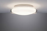 Round ceiling light with white and clear glass featuring warm white LED for living spaces